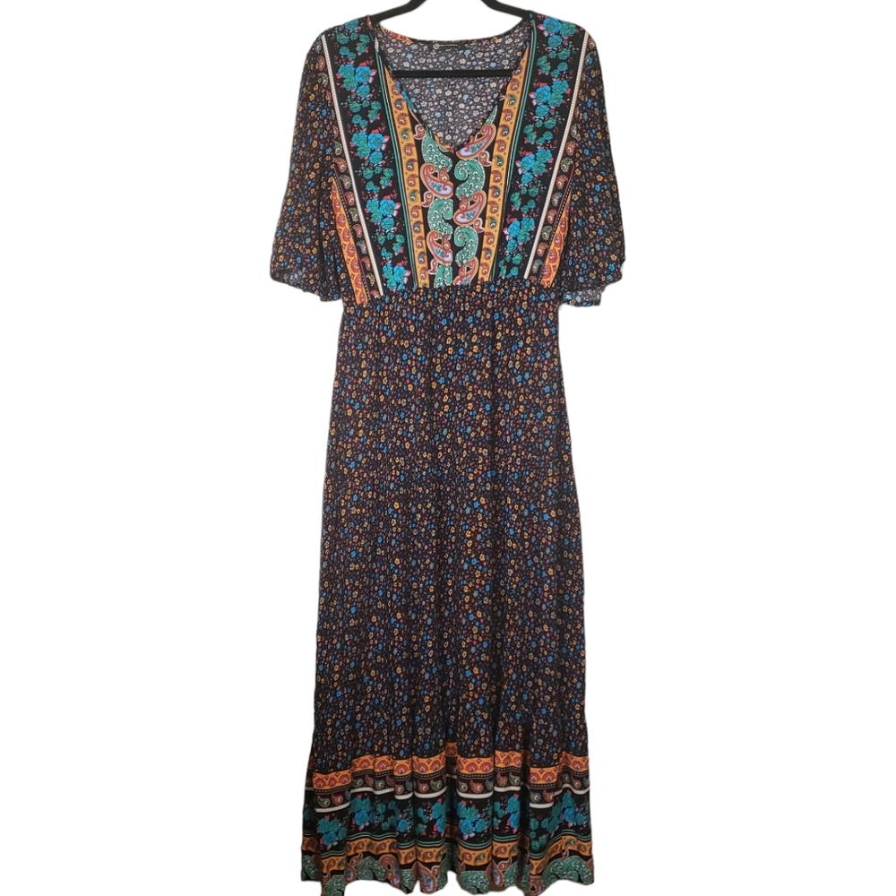 Prettygarden Boho Floral Paisley Casual V-Neck Tiered Maxi Summer Dress Size L